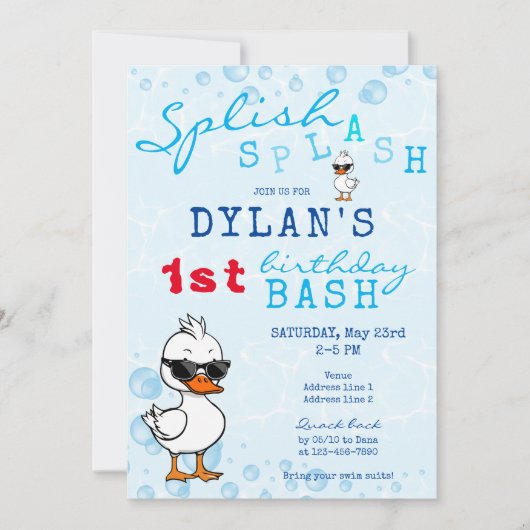 可愛いラバーダックブルー1stバースデーバッシュ 招待状 (正面)