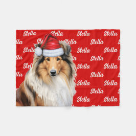 可愛いラフなコリー犬の名前パターン(の模様が)ある赤いクリスマス フリースブランケット