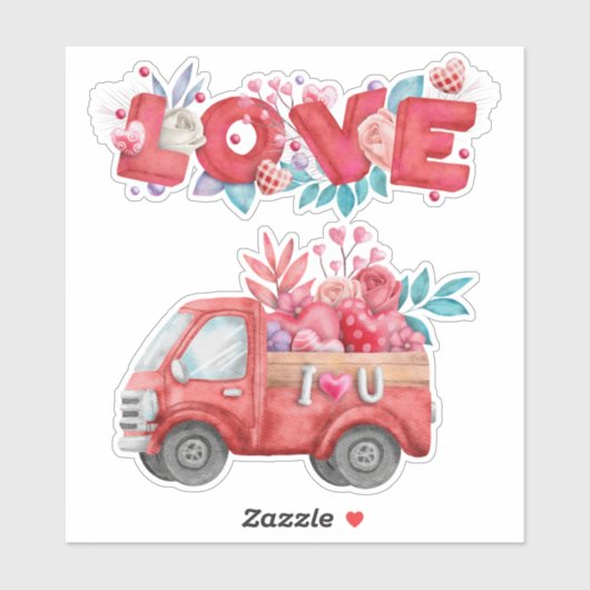 可愛いラブトラックとハートカーゴウォーター色 シール (シート)