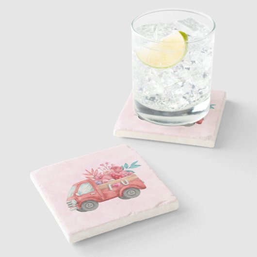 可愛いラブトラックとハートカーゴウォーター色 ストーンコースター (横)