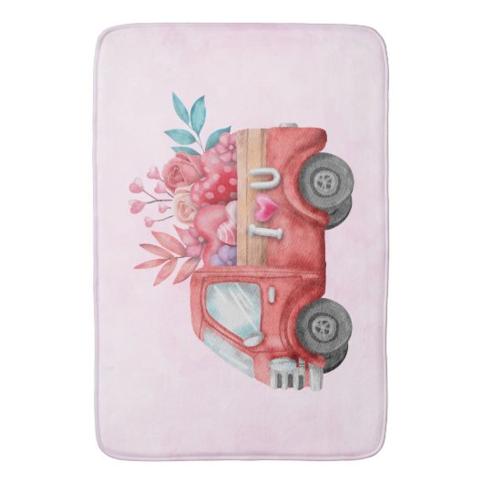 可愛いラブトラックとハートカーゴウォーター色 バスマット (正面縦)