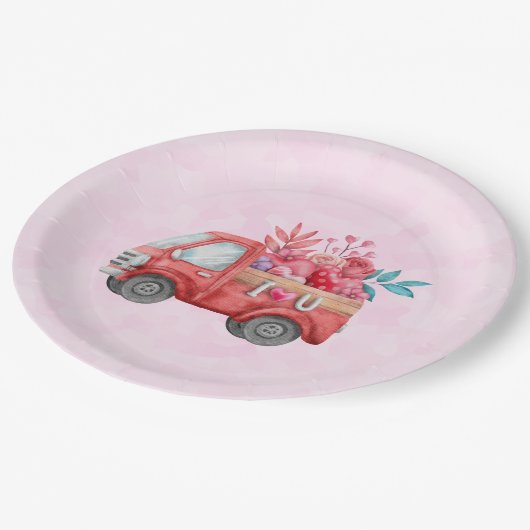 可愛いラブトラックとハートカーゴウォーター色 ペーパープレート (アングル)