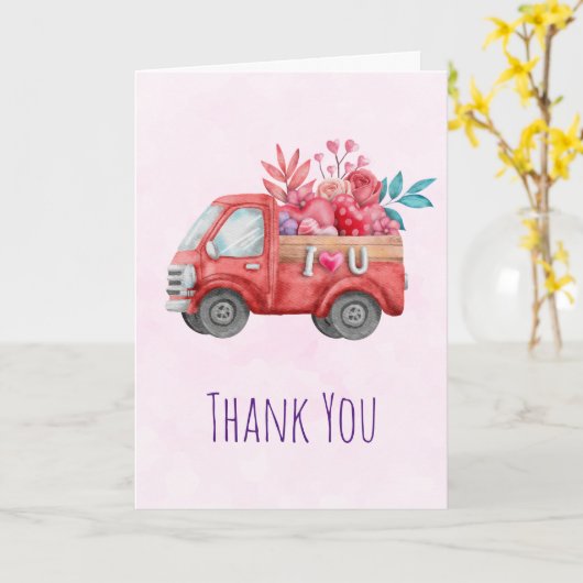 可愛いラブトラックとハート貨物ありがとう カード (黄色い花)