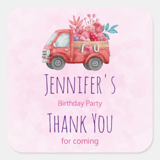 可愛いラブトラ運ックのハート&花のパーティー スクエアシール (正面)