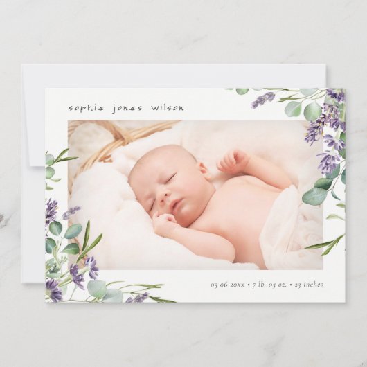 可愛いラベンダーの葉写真誕生のお知らせ サンキューカード (正面)