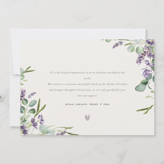 可愛いラベンダーの葉写真誕生のお知らせ サンキューカード (裏面)