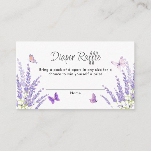可愛いラベンダーバタフライおむつラッフルベビーシャワー エンクロージャーカード (正面)