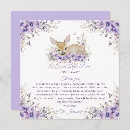可愛いラベンダーパープルフローラ鹿ベビーシャワー サンキューカード (正面/裏面)