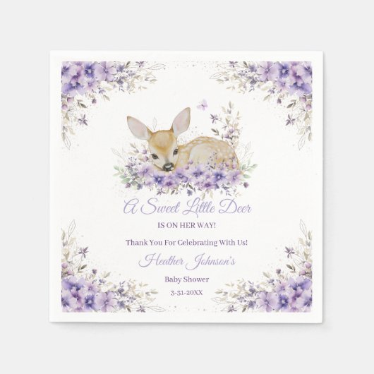 可愛いラベンダーパープルフローラ鹿ベビーシャワー スタンダードカクテルナプキン (正面)