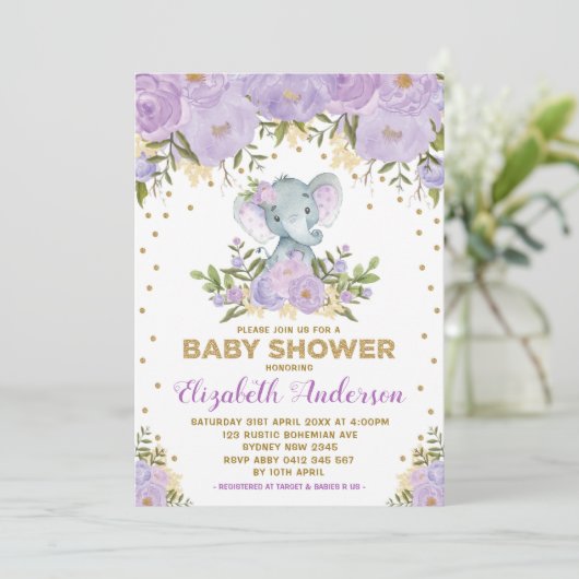 可愛いラベンダー金ゴールドフローラゾウ赤ちゃんシャワー 招待状 (スタンド正面)
