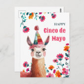 可愛いラマと明るい赤紫色フラワーハッピーシンコデマヨ ポストカード (正面/裏面)