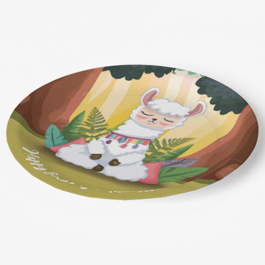 可愛いラマめい想の魔法の森誕生日 ペーパープレート (アングル)