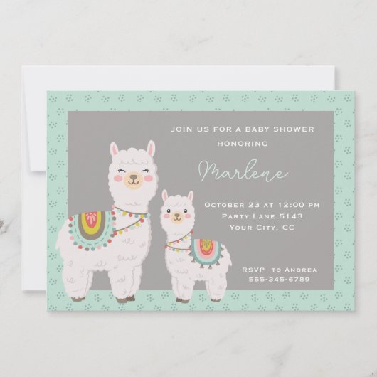 可愛いラマアクアとグレーの赤ちゃんシャワー 招待状 (正面)