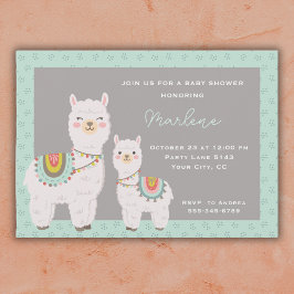 可愛いラマアクアとグレーの赤ちゃんシャワー 招待状