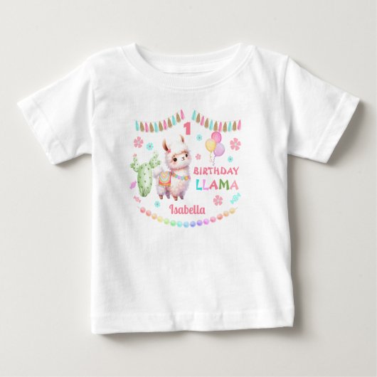 可愛いラマカラフルおもしろいガール1歳の誕生日 ベビーTシャツ (正面)