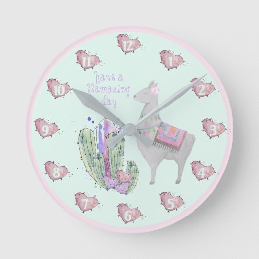 可愛いラマサボテンハート – 素晴らしい一日を過ごす ラウンド壁時計 (正面)