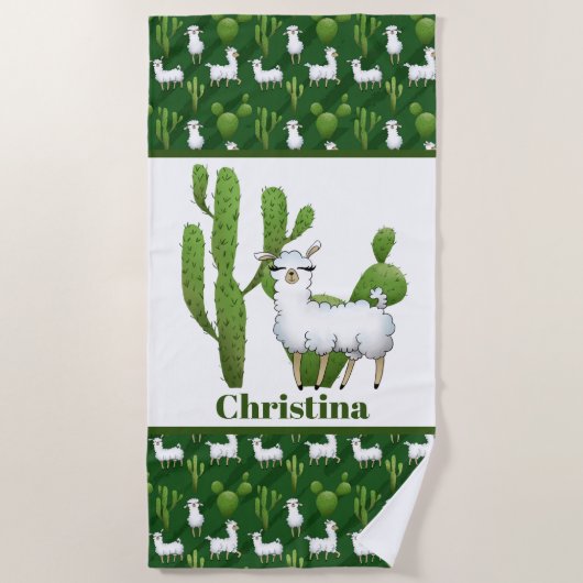 可愛いラマ好きの人が名前を付ける ビーチタオル (正面)