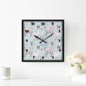 可愛いラマ柄オン水玉模様 スクエア壁時計 (ホーム)
