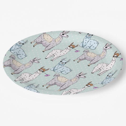 可愛いラマ柄オン水玉模様 ペーパープレート (アングル)