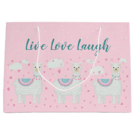 可愛いラマ柄ピンク背景 ラージペーパーバッグ