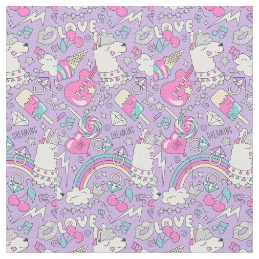 可愛いラマ柄 ファブリック (クローズアップ)