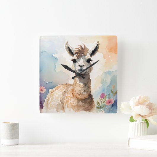 可愛いラマ スクエア壁時計 (ホーム)