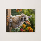 可愛いリアルなバニーの春オレンジ色の花 ジグソーパズル (横)