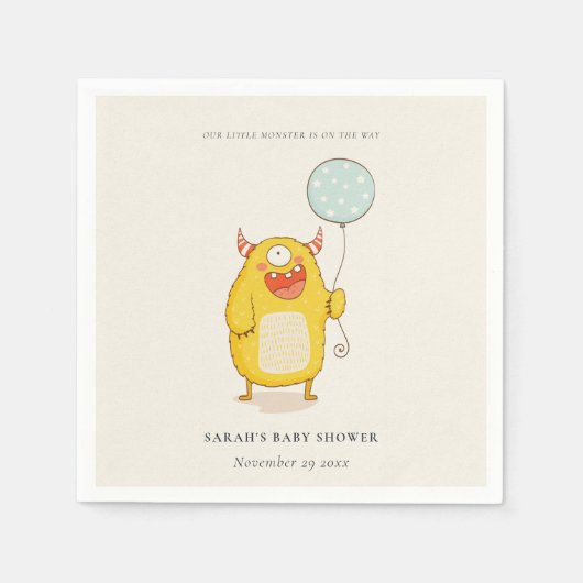 可愛いリトルアクアイエローモンスターベビーシャワー招待状 スタンダードカクテルナプキン (正面)