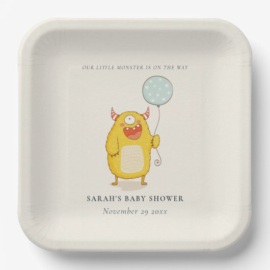 可愛いリトルアクアイエローモンスターベビーシャワー招待状 ペーパープレート (正面)