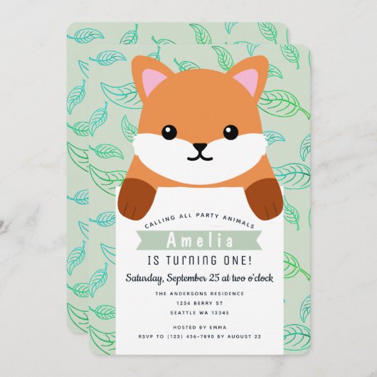 可愛いリトルキツネキッズファースト誕生日 招待状 (正面/裏面)
