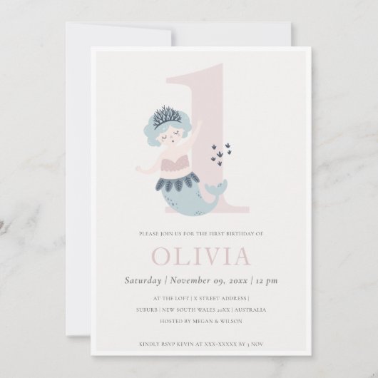 可愛いリトルピンクブルーマーメイド1歳の誕生日招待状 サンキューカード (正面)