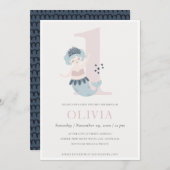 可愛いリトルピンクブルーマーメイド1歳の誕生日招待状 サンキューカード (正面/裏面)