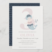 可愛いリトルピンクブルーマーメイド3歳の招待状 サンキューカード (正面/裏面)