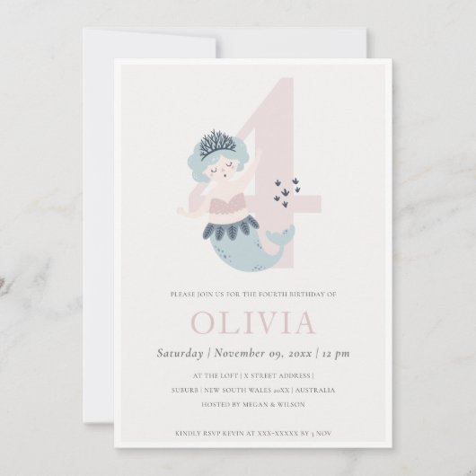 可愛いリトルピンクブルーマーメイド4th誕生日招待状 サンキューカード (正面)