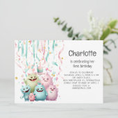 可愛いリトルモンスターズ女の子1st誕生日水平 招待状 (スタンド正面)