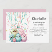 可愛いリトルモンスターズ女の子1st誕生日水平 招待状 (正面/裏面)