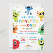 可愛いリトルモンスターズ少年1歳カラフル誕生日 招待状 (正面)