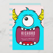 可愛いリトルモンスターマッシュブルーをテーマにした誕生日パーツ 招待状 (正面/裏面)