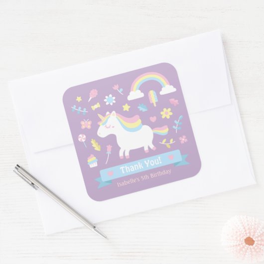 可愛いリトルユニコーンガールズ誕生日デコールシール スクエアシール (封筒)