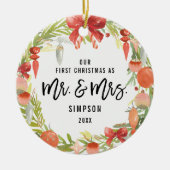 可愛いリース初めてのクリスマスMr.And Mrs. Photo セラミックオーナメント (正面)