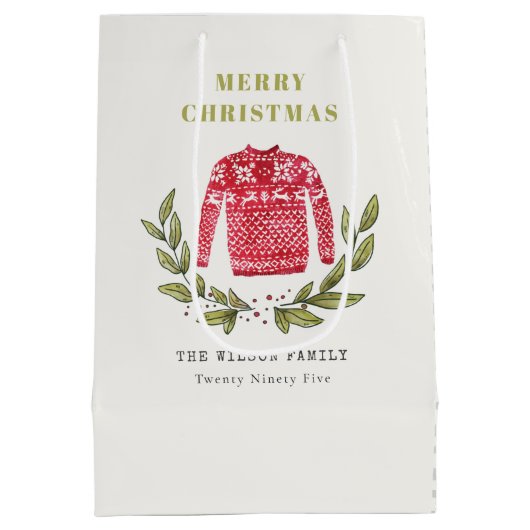 可愛いリービーレッド緑の醜いセーターのクリスマス冬 ミディアムペーパーバッグ (裏面)