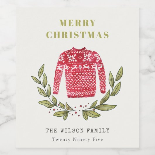 可愛いリービーレッド緑の醜いセーターのクリスマス冬 ワインラベル (シングルラベル)