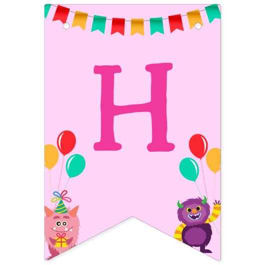 可愛いリールモンスターカートゥーンおもしろい誕生日パーティー バンティングフラッグ (第1の旗)