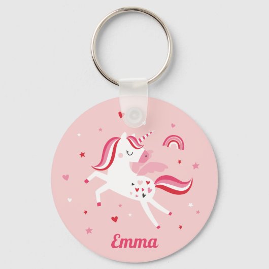 可愛いレインボーユニコーンハートとスターピンク キーホルダー (正面)