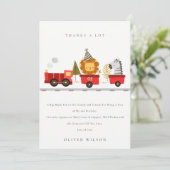 可愛いレッドウッドランド動物列車任意の年齢誕生日 サンキューカード (スタンド正面)