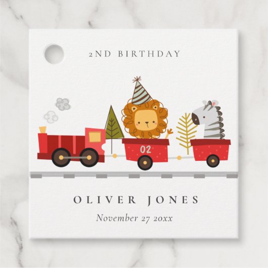 可愛いレッドウッドランド動物列車任意の年齢誕生日 フェイバータグ (正面)