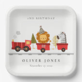 可愛いレッドウッドランド動物列車任意の年齢誕生日 ペーパープレート (正面)