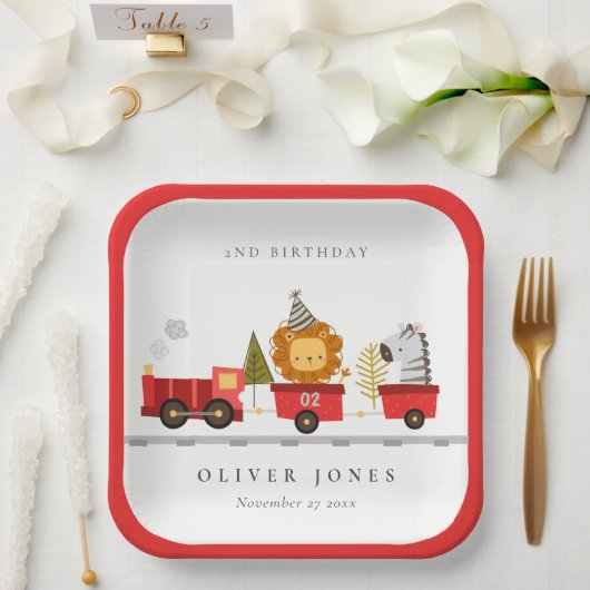 可愛いレッドウッドランド動物列車任意の年齢誕生日 ペーパープレート (ウェディング)