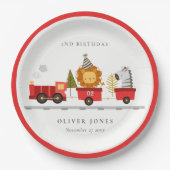 可愛いレッドウッドランド動物列車任意の年齢誕生日 ペーパープレート (正面)