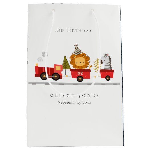 可愛いレッドウッドランド動物列車任意の年齢誕生日 ミディアムペーパーバッグ (正面)